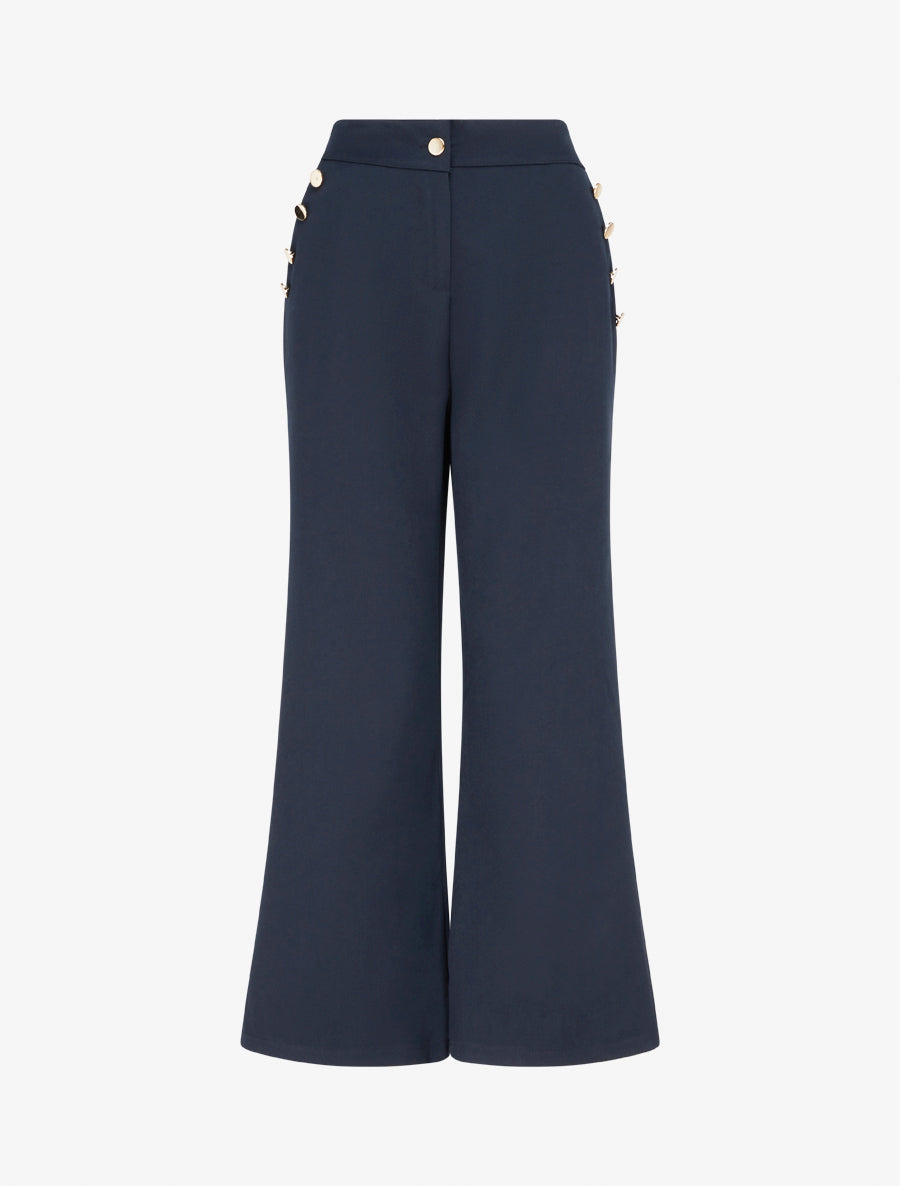 Pantalon taille haute coupe flare à boutons décoratifs dorés - Marine - 1