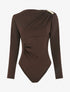 Body satiné à col asymétrique et bijou - Marron - 1