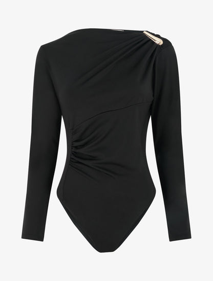 Body satiné à col asymétrique et bijou - Noir - 1