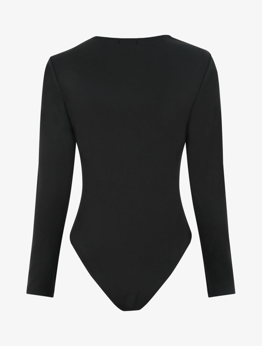Body satiné à col asymétrique et bijou - Noir - 2