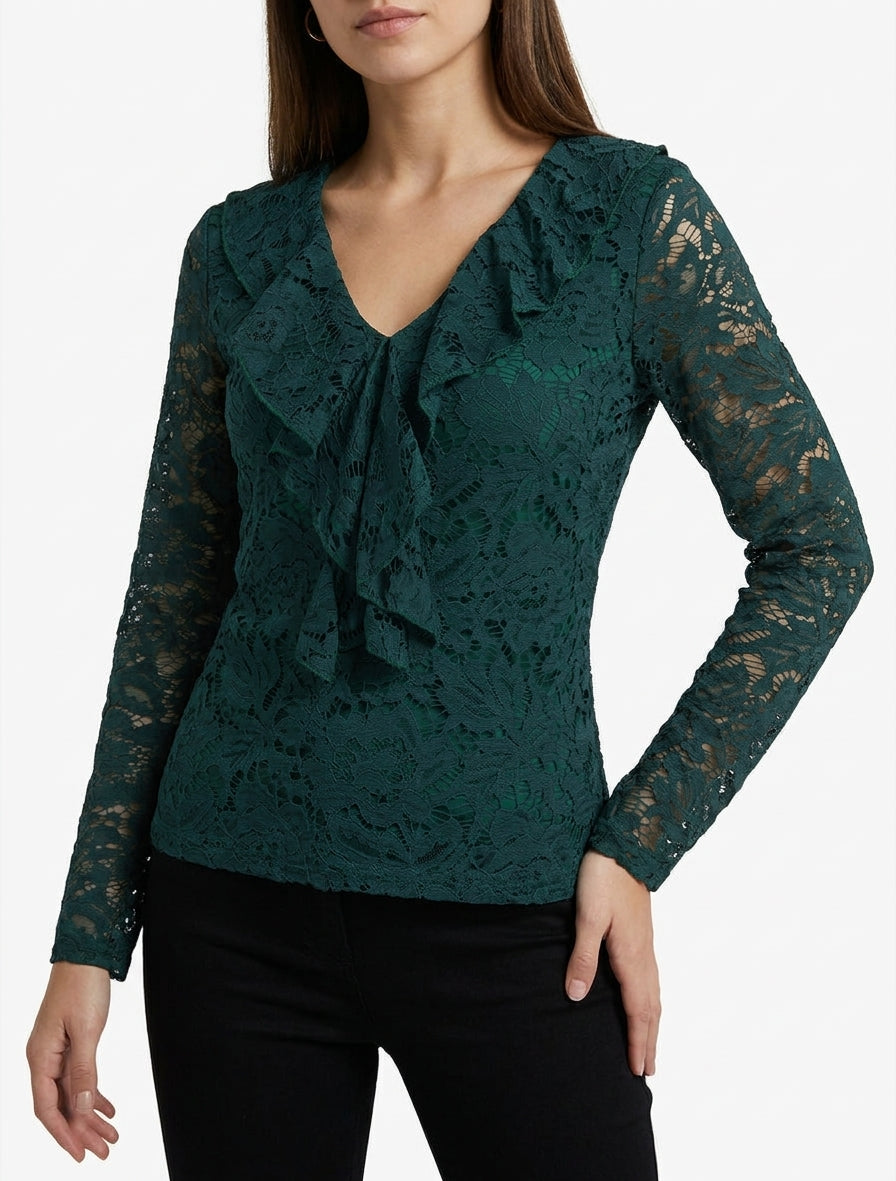 Top in pizzo con scollo a V con volant - Verde scuro