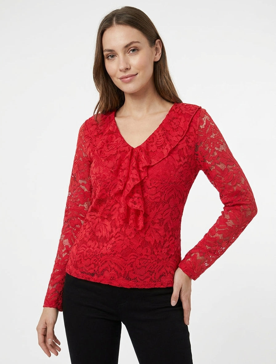 Top in pizzo con scollo a V con volant - Rosso