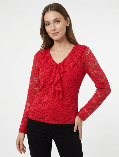 Top in pizzo con scollo a V con volant - Rosso