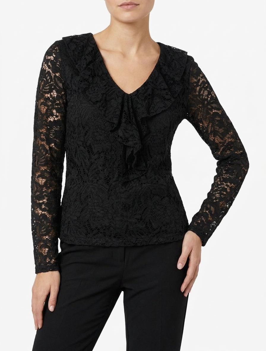 Top in pizzo con scollo a V con volant - Nero