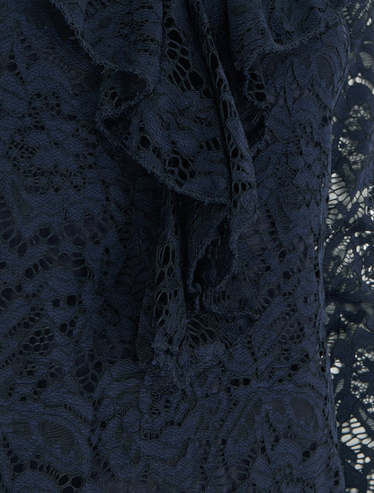 Top en dentelle à col V volanté - Marine - 3