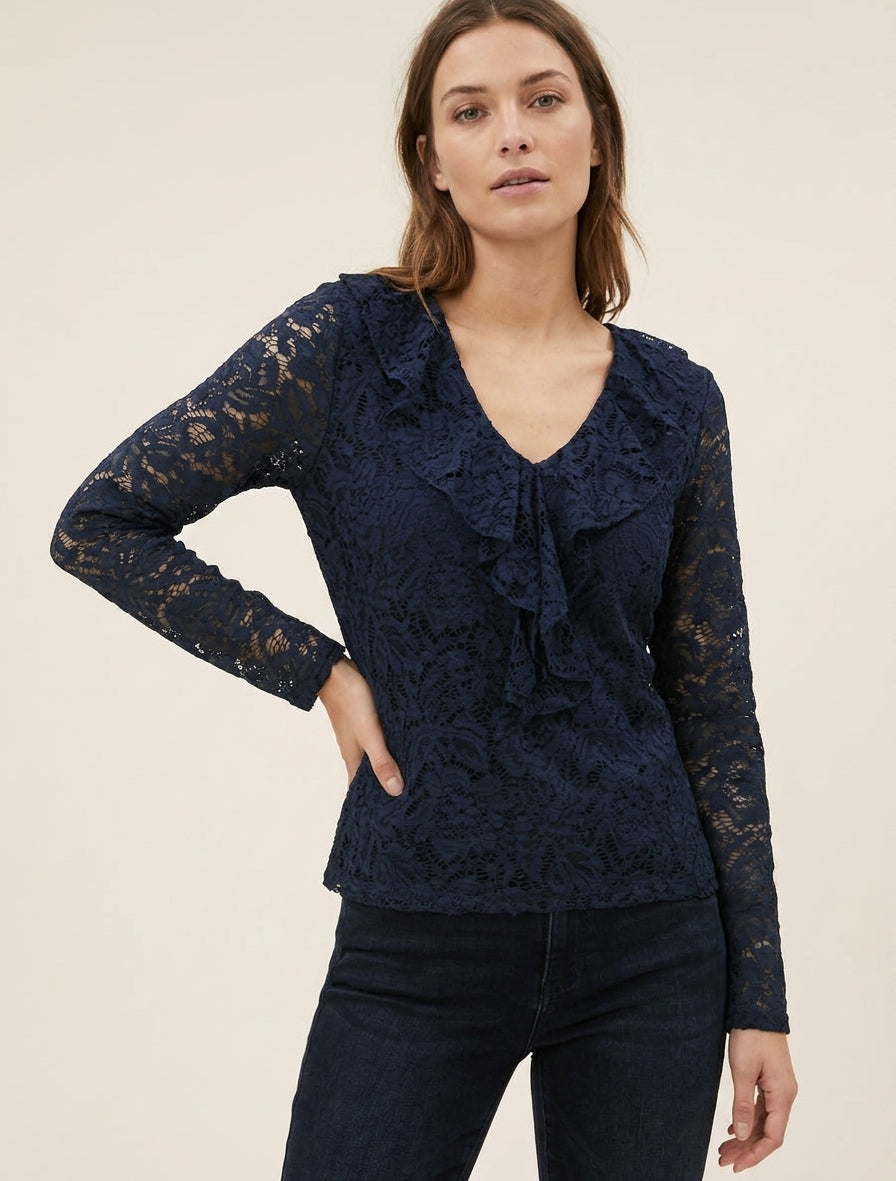 Top in pizzo con scollo a V con volant - Marina