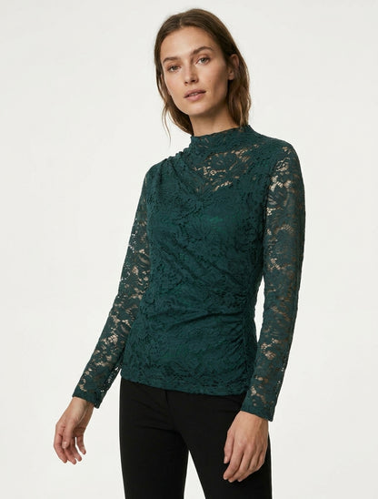Top in pizzo con collo alto - Verde scuro