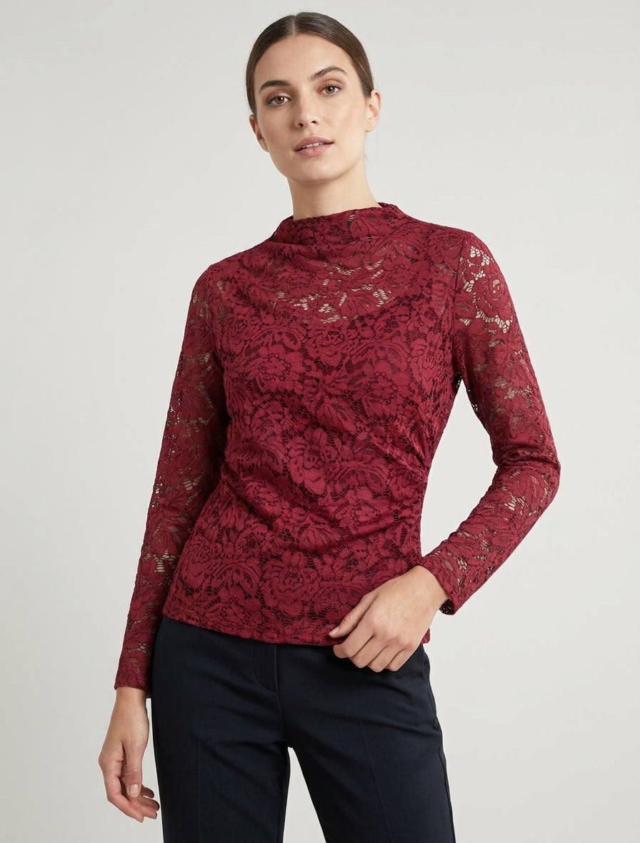 Top in pizzo con collo alto - Bordeaux