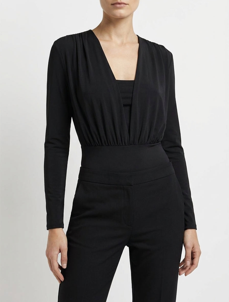 Body a maniche lunghe e scollo a V drappeggiato - Nero