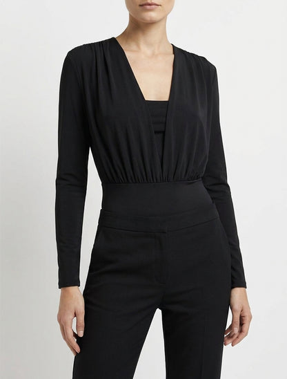 Body a maniche lunghe e scollo a V drappeggiato - Nero