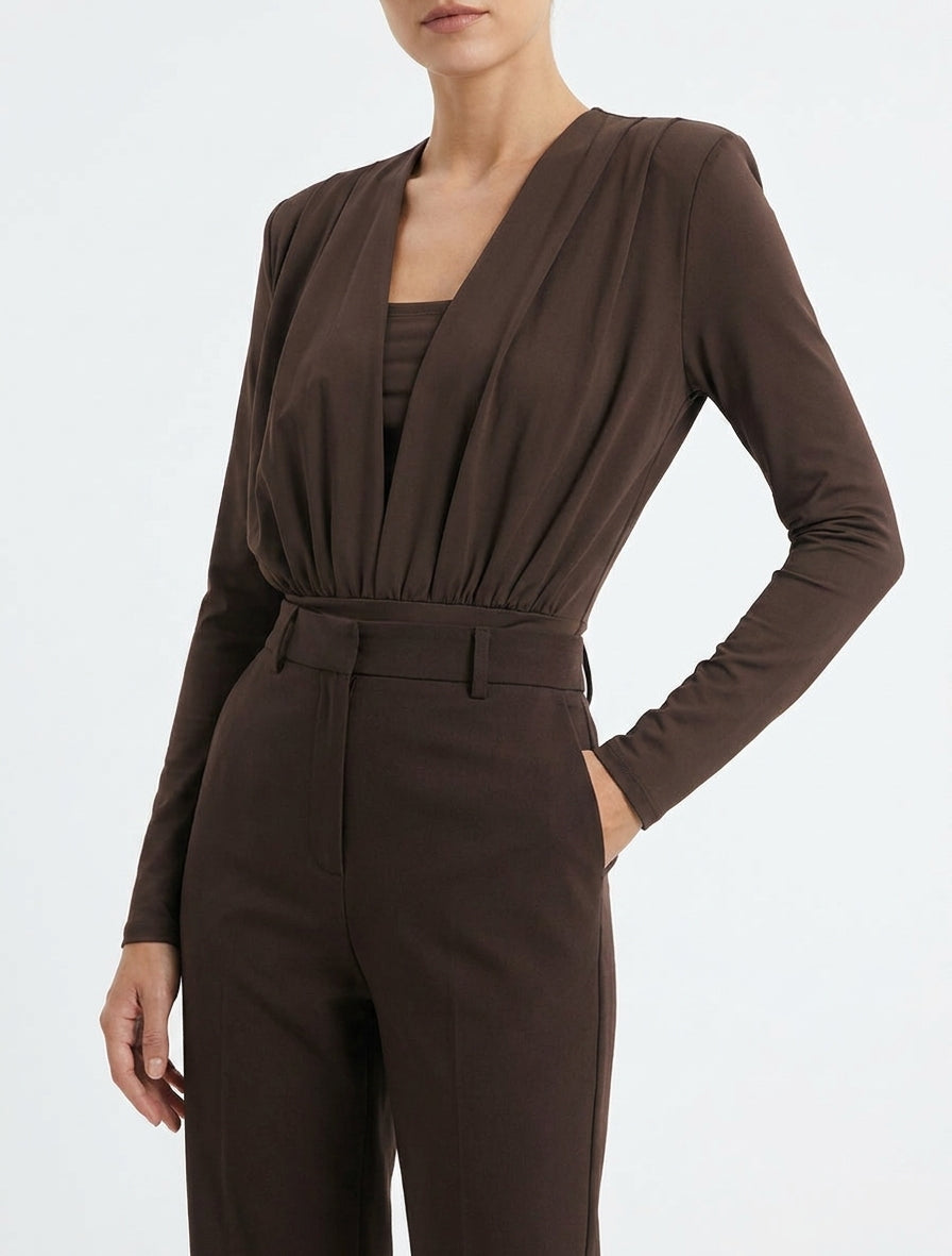 Body a maniche lunghe e scollo a V drappeggiato - Marrone