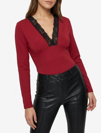 Body a maniche lunghe con scollo a V in pizzo. - Bordeaux