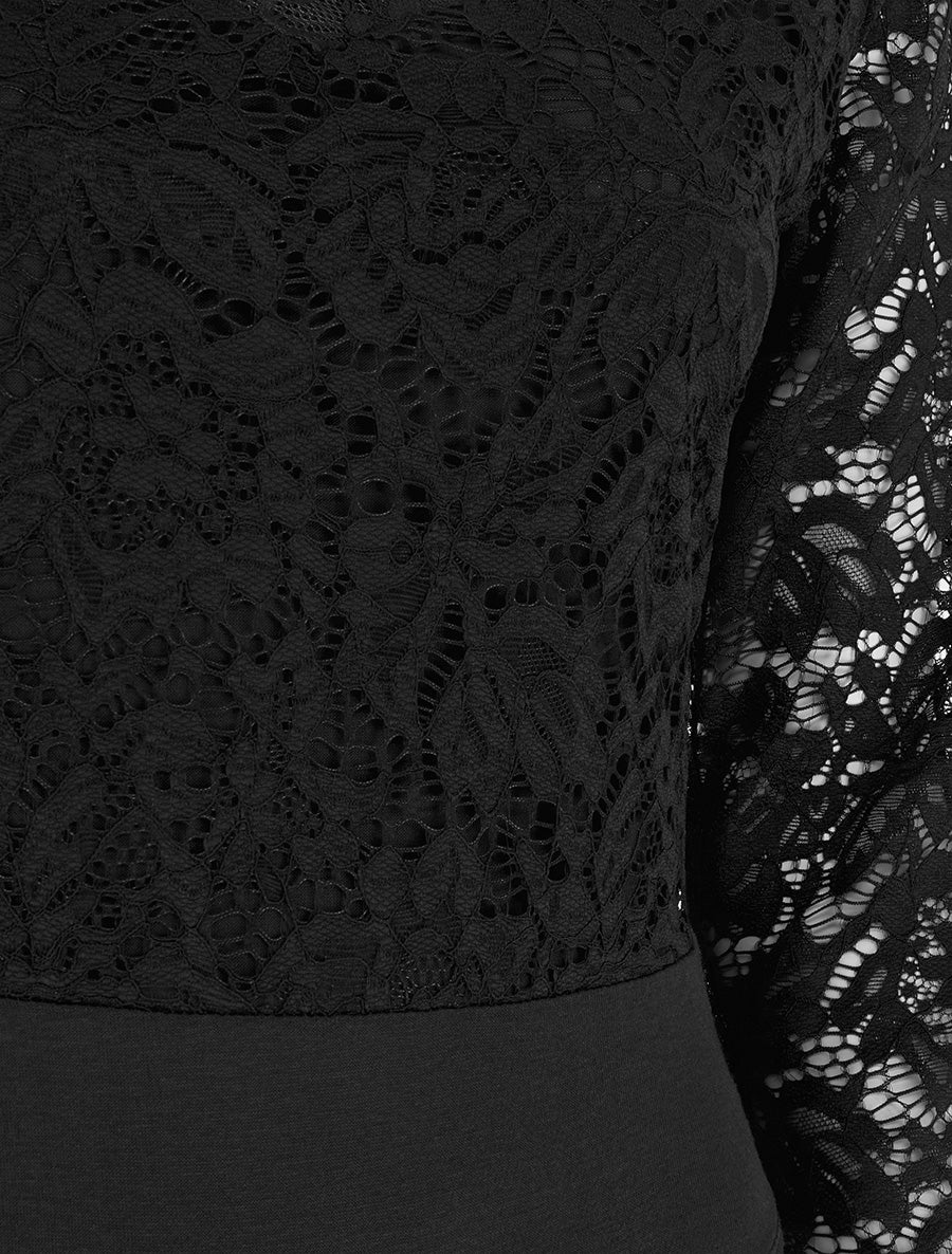 Body en dentelle à manches longues et col V - Noir - 3