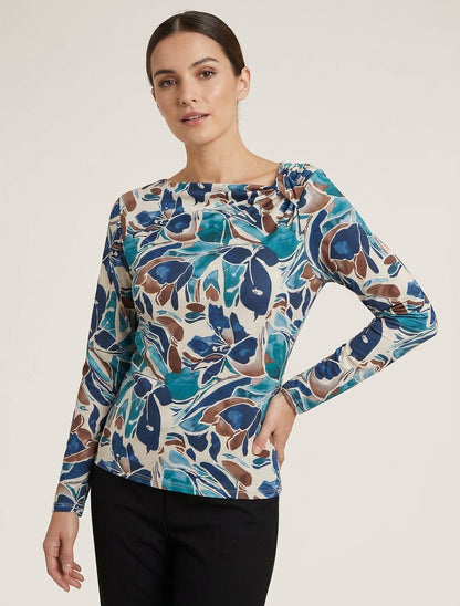 Top a fiori con maniche lunghe - Blu petrolio