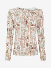 Top imprimé rétro à manches longues - Beige - 1