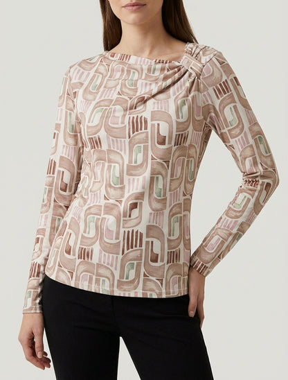 Top stampato retrò a maniche lunghe - Beige
