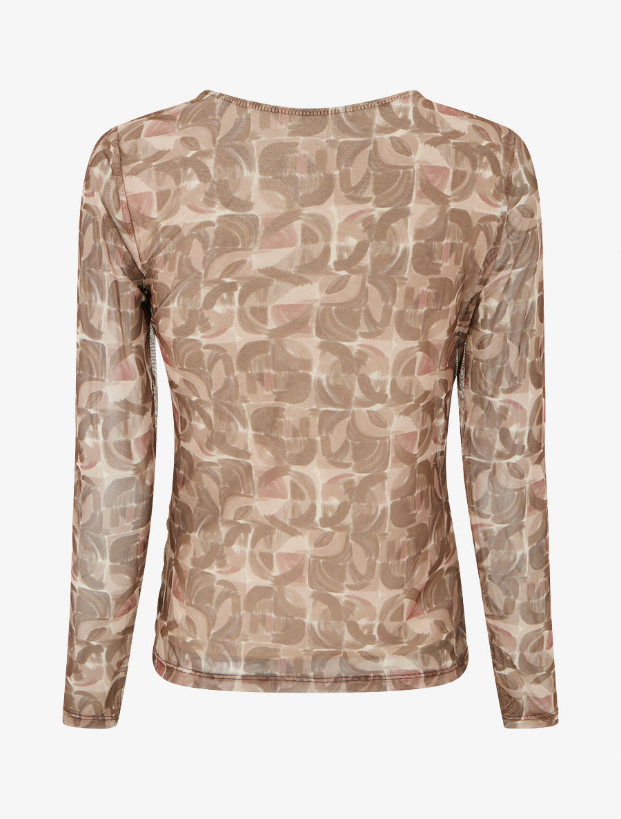 Top en tulle imprimé abstrait à empiècement bijou - Beige - 2