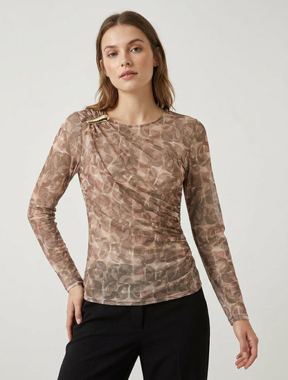 Top in tulle con stampa astratta e inserto gioiello - Beige