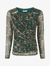 Top en tulle imprimé abstrait à empiècement bijou - Vert sapin - 1