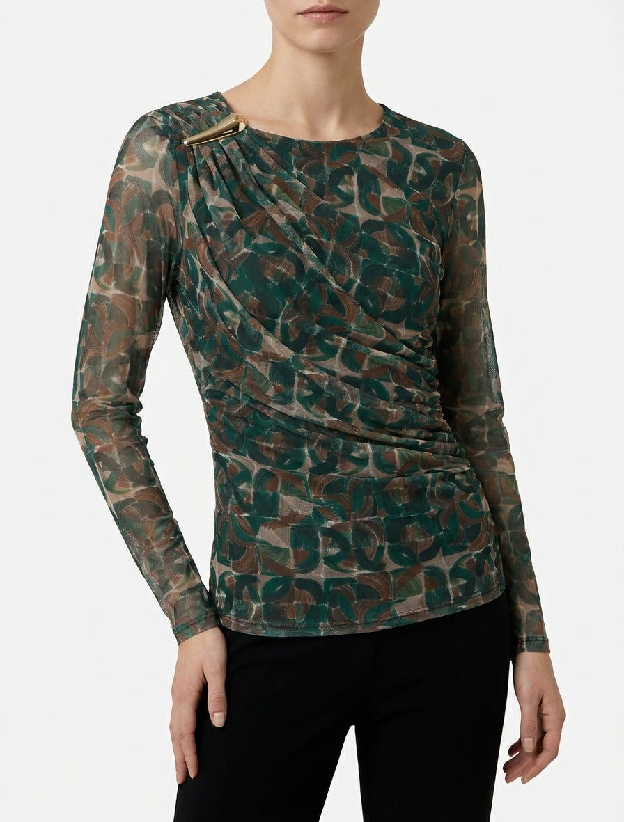 Top in tulle con stampa astratta e inserto gioiello - Verde abete