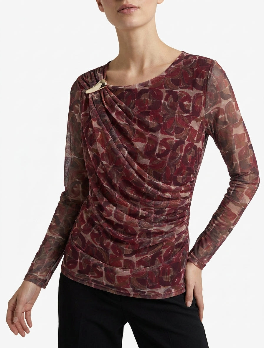 Top in tulle con stampa astratta e inserto gioiello - Prugna