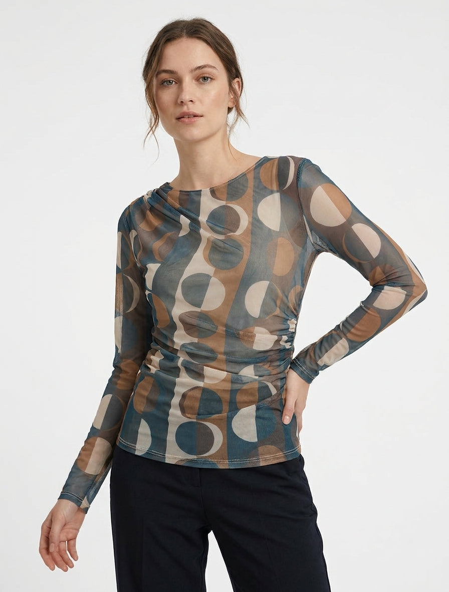 Top in tulle con stampa grafica - Blu petrolio