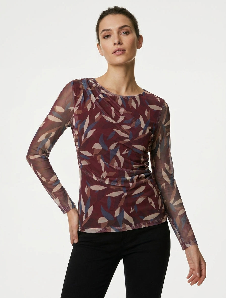 Top in tulle stampato astratto - Prugna