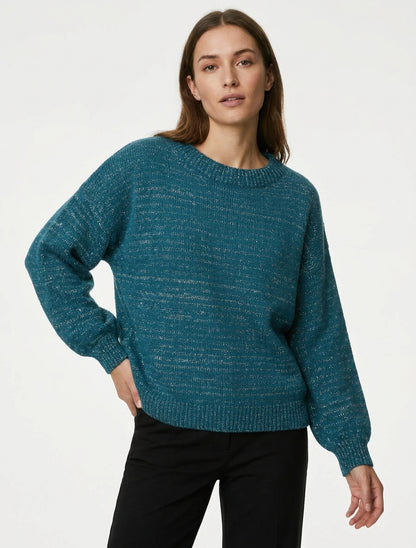 Maglione ampio in maglia iridescente con collo rotondo. - Blu petrolio