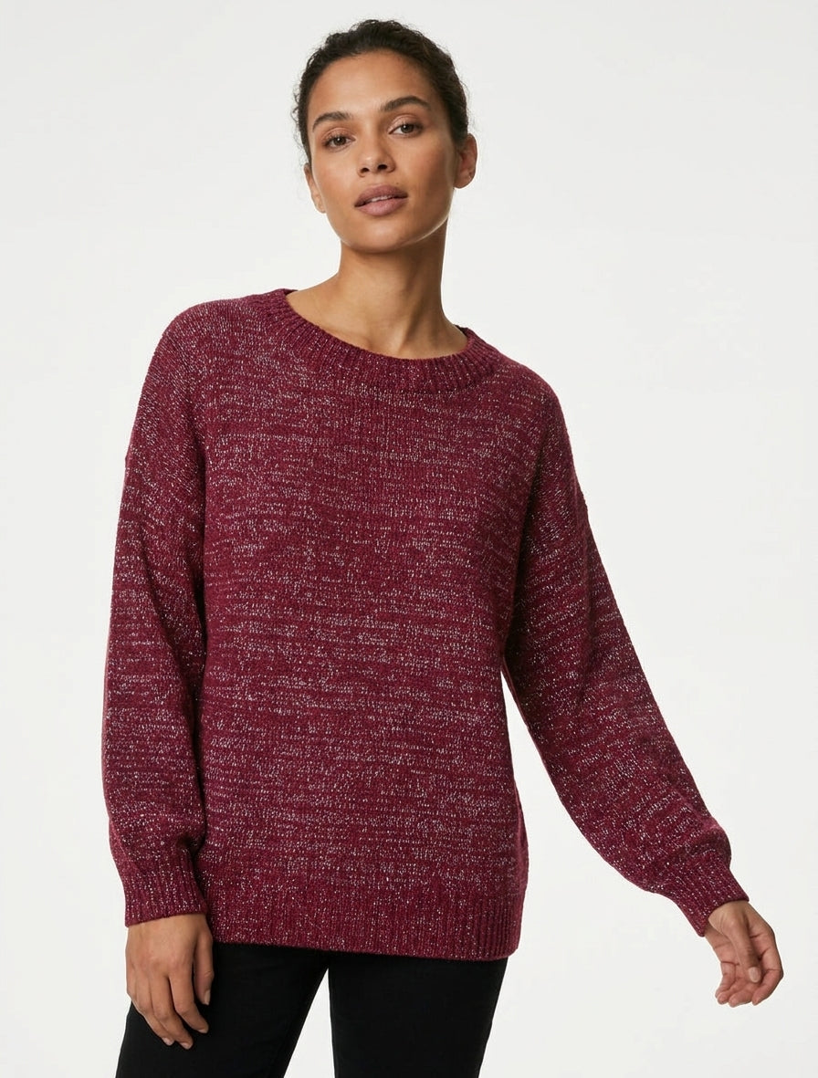 Maglione ampio in maglia iridescente con scollo rotondo. - Feccia di vino