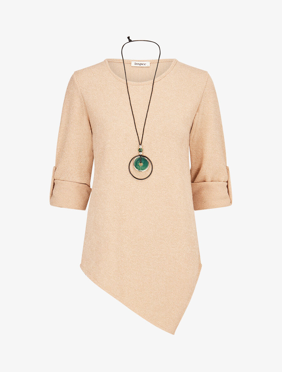 Pull long côtelé et asymétrique - Beige - 4