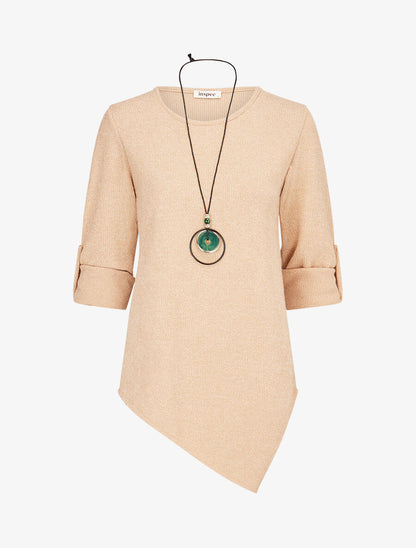 Pull long côtelé et asymétrique - Beige - 4