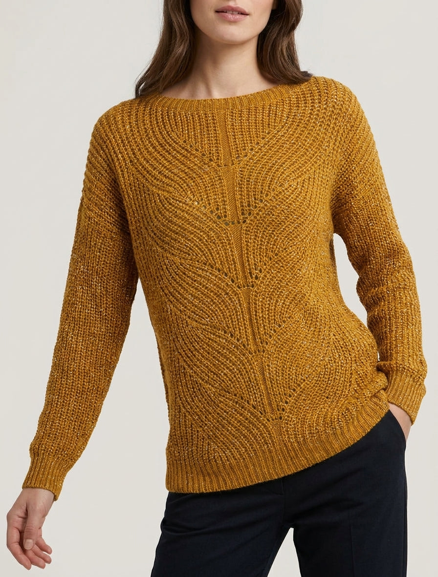 Maglione dritto in maglia iridescente con scollo a barca - Senape