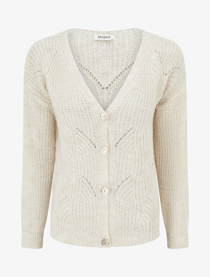 Gilet en maille fantaisie à col V - Écru - 1