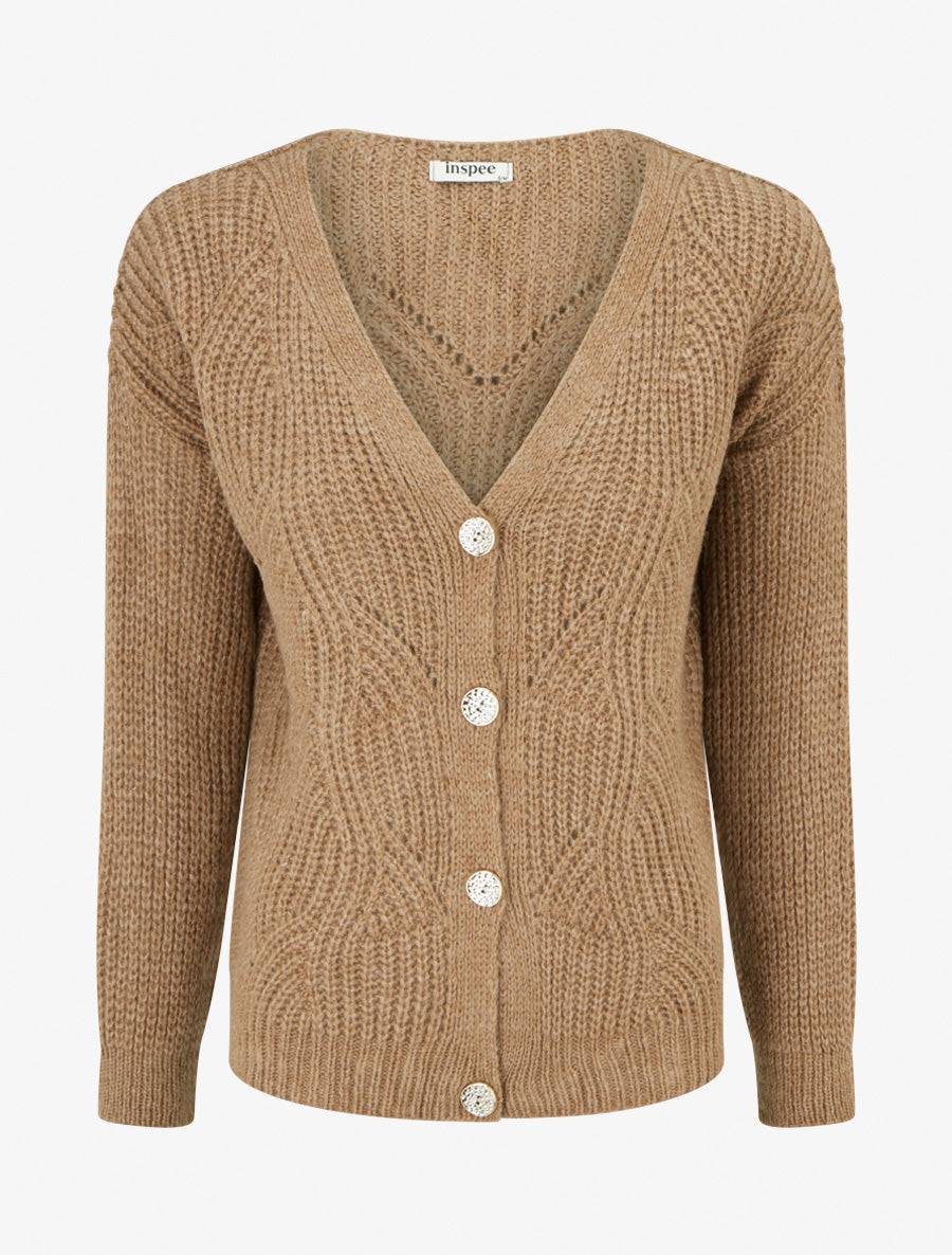 Gilet en maille fantaisie à col V - Camel - 1