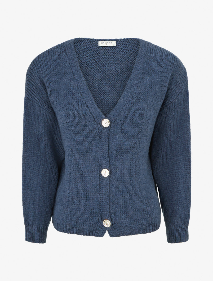 Gilet ample en maille épaisse à col V - Bleu - 1