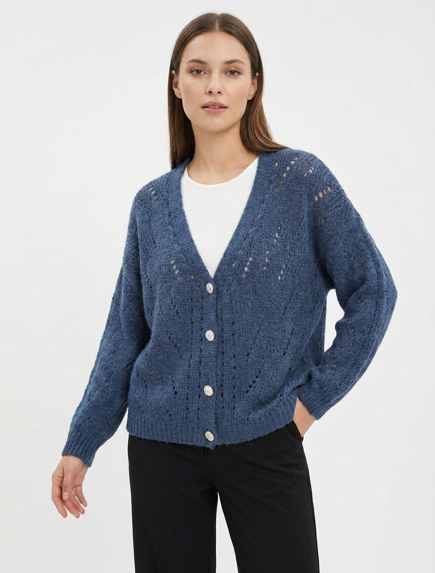 Cardigan ampio in maglia traforata con scollo a V - Blu