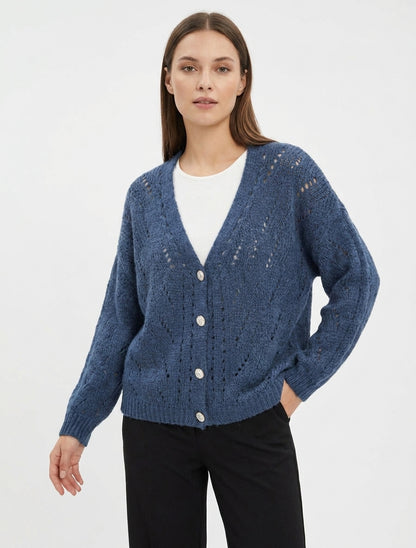 Cardigan ampio in maglia traforata con scollo a V - Blu