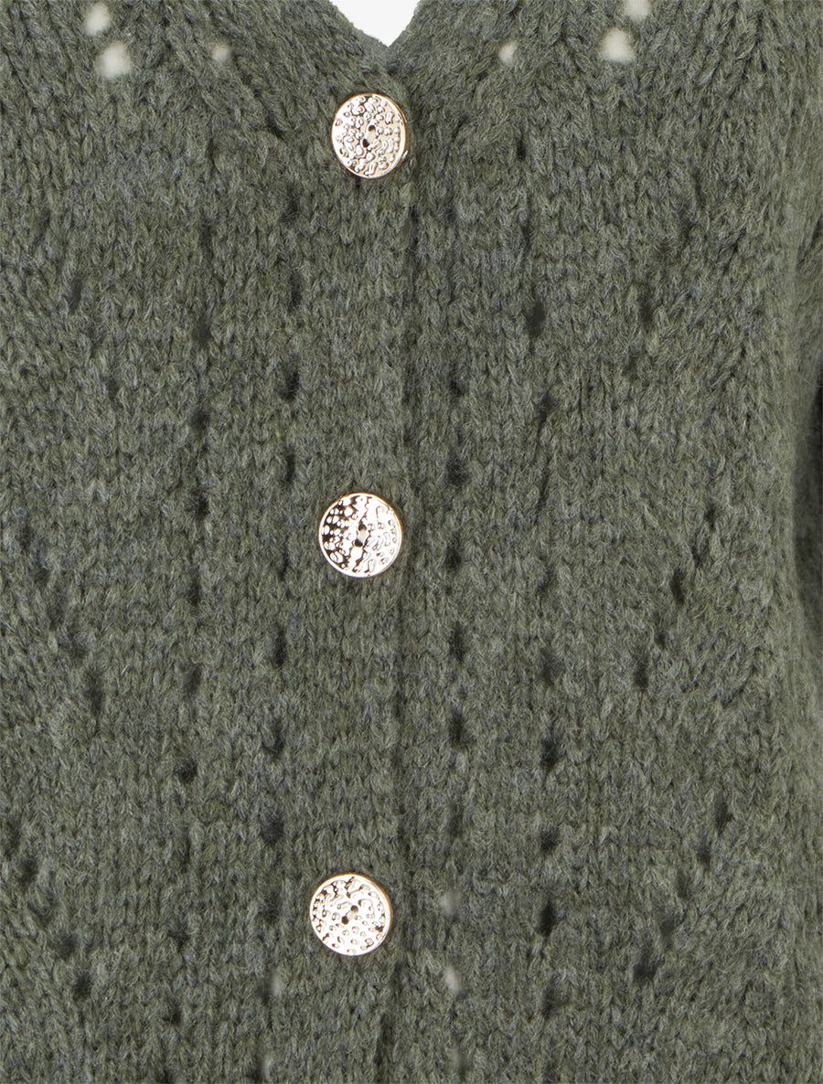 Gilet ample en maille ajourée à col V - Kaki - 3