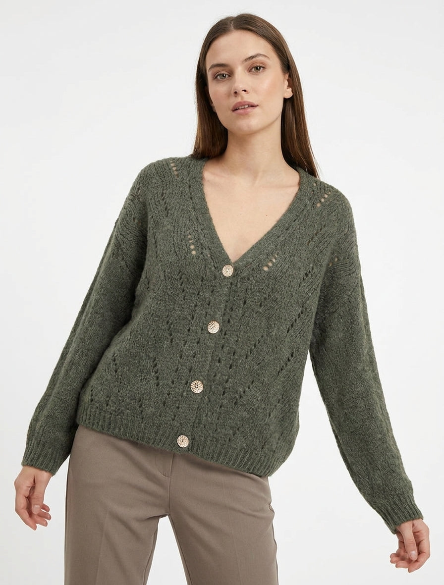 Cardigan ampio in maglia traforata con scollo a V - Cachi