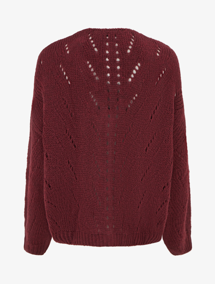 Gilet ample en maille ajourée à col V - Lie de vin - 2