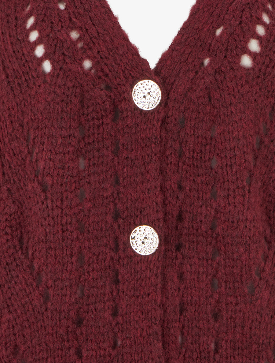 Gilet ample en maille ajourée à col V - Lie de vin - 3