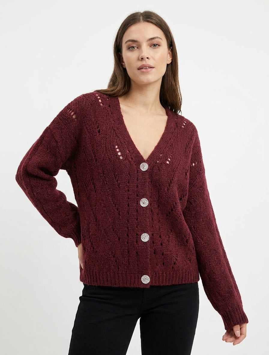 Cardigan ampio in maglia traforata con scollo a V - Feccia di vino
