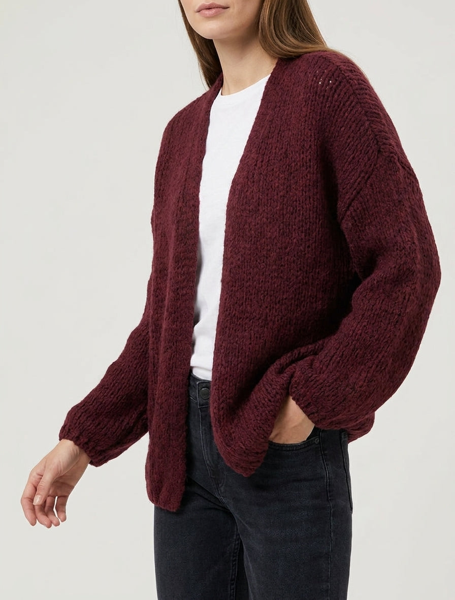 Cardigan aperto in maglia spessa a taglio ampio - Feccia di vino