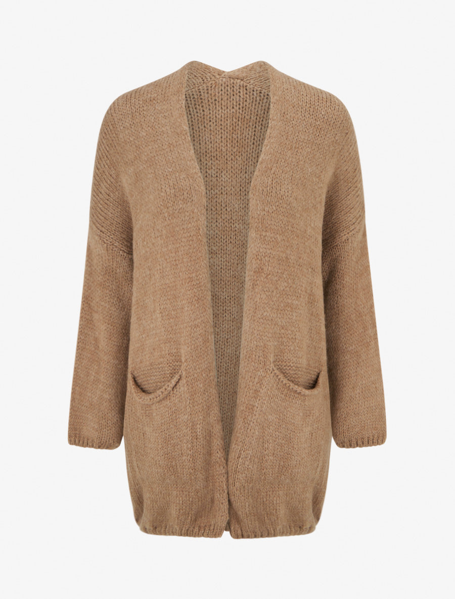 Gilet long ouvert en maille épaisse - Camel - 1