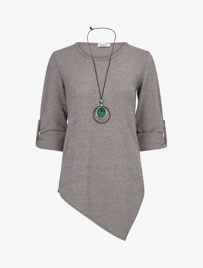 Pull long côtelé et asymétrique - Gris foncé - 1
