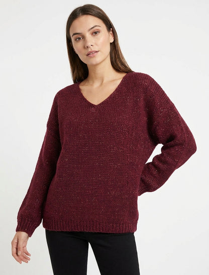 Maglione ampio iridescente con scollo a V - Feccia di vino