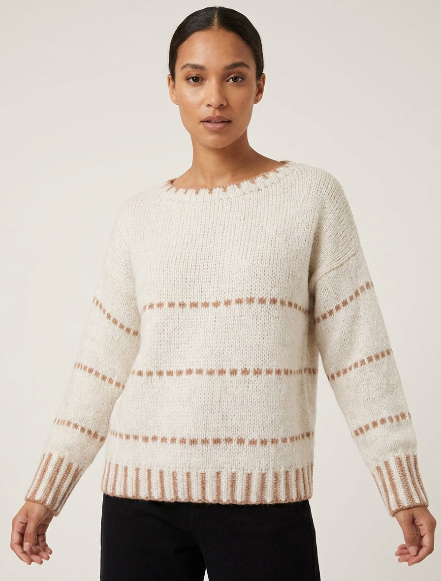 Maglione a taglio quadrato a righe stile puntinato - Ecrù