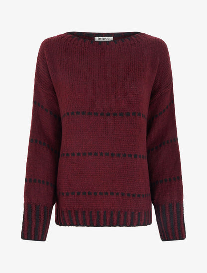 Pull coupe carrée à rayures style pointillé - Lie de vin - 1