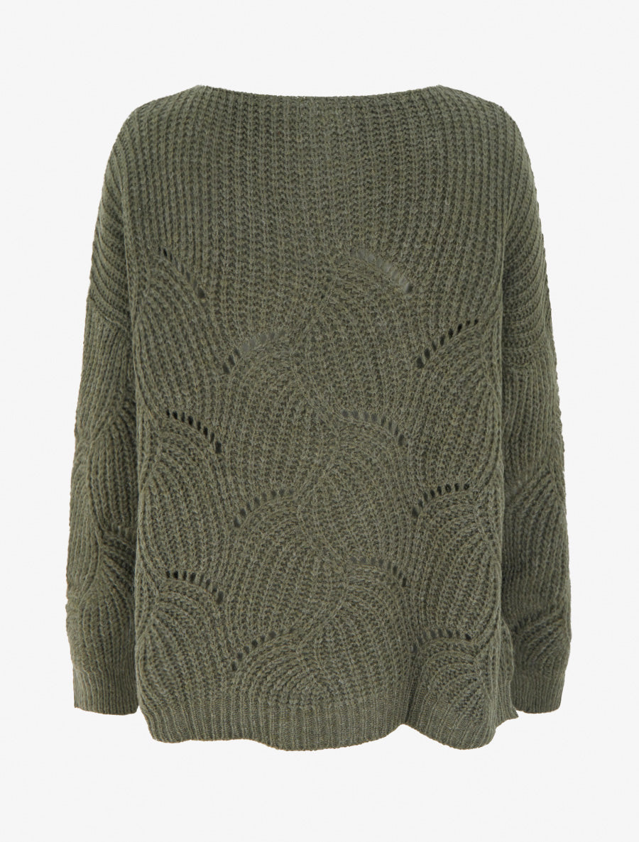 Pull ample en maille fantaisie ajourée - Kaki - 2