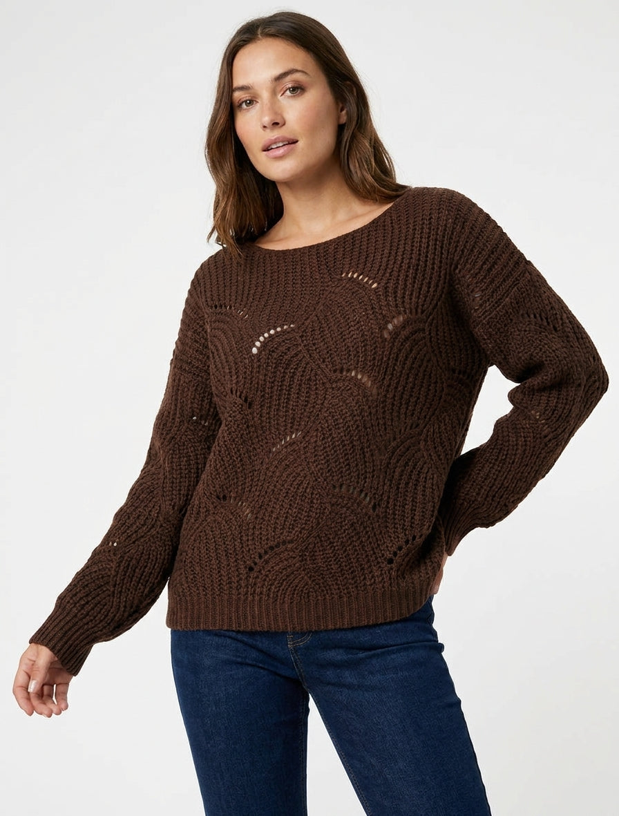 Maglione ampio in maglia traforata fantasia - Marrone